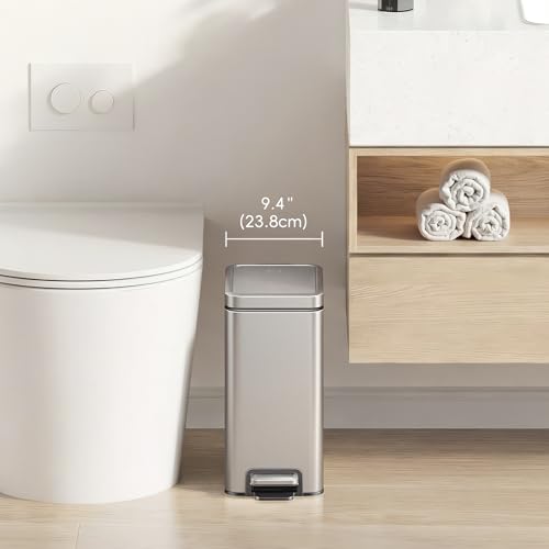 EKO Small Bathroom Trash Can with Lid Soft Close, Step Pedal, 10 Liter / 2.6 Gallon Stainless Steel Garbage Can with Removable Inner Bucket, Anti-Fingerprint Finish (Silver) - color: Stainless Steel, size: 10L