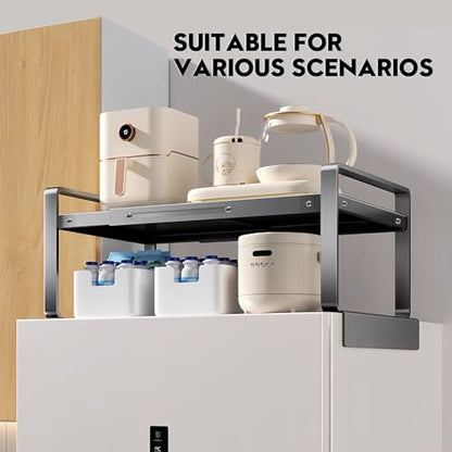 Adjustable Refrigerator Top Rack, 17-31.5" Metal Shelf for Washer/Dryer | L-Slot Protects Appliances. Adjusts 17-31.5". 50lbs Load. Metal, Rustproof. No Tools, Easy Setup. Kitchen/Laundry/Dorm