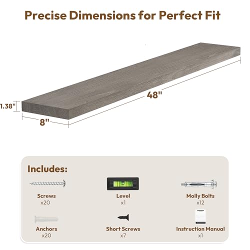 Vivelove Flat Edge Elm Wood Floating Shelf with Invisible Bracket 48”Grey - color: Grey, size: 48”,set of 1