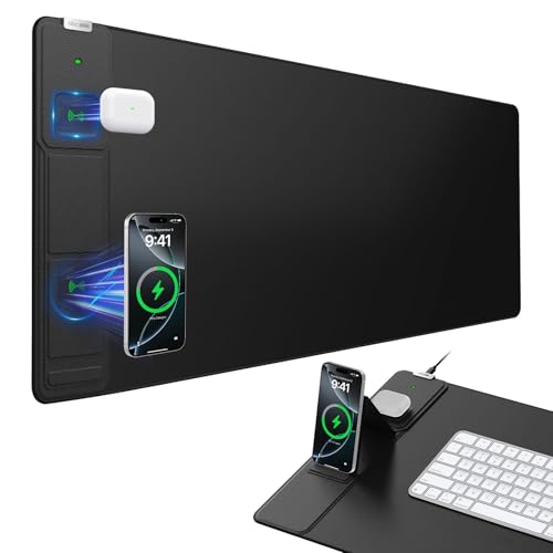 Wireless Charging Mouse Pad with Foldable Phone Holder, 31.5"x15.8" Large Desk Mat for Laptop/Keyboard, Waterproof Ultra-Smooth Surface, Non-Slip Base, Black - color: Black-Phone Holder-31.5"x15.8"