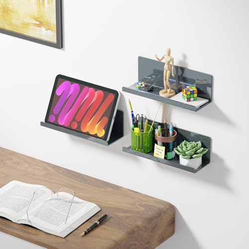 PAVSTINE Adhesive Floating Shelves for Wall No Drilling, 12 Inch Acrylic Self Adhesive Shelves, Stick on Shelves, Dorm Wall Shelf, for Bathroom, Kitchen, Bedroom, Office, Gaming Room, Gray - color: Grey