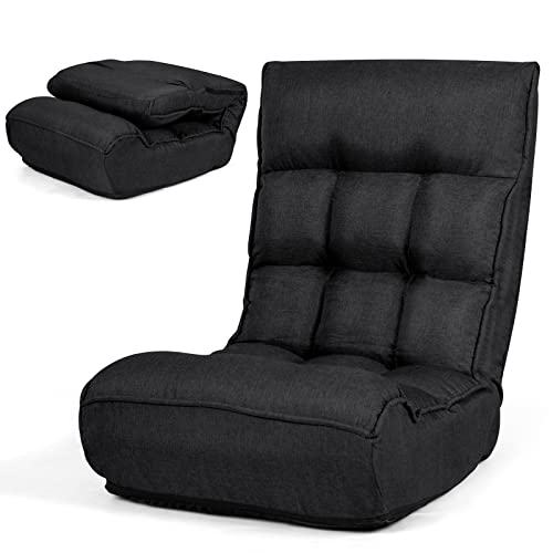 MAT EXPERT Folding Floor Chair, Floor Gaming Chair w/ 4-Position Backrest, 5-Position Adjustable Headrest, Side Pocket, Indoor Floor Chair w/Back Support for Bedroom, Living Room (Black) - color: Black