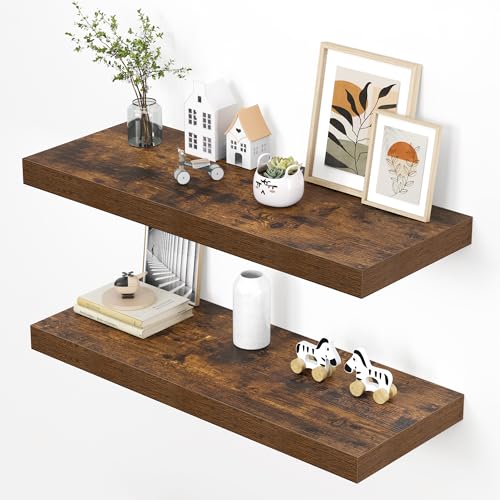 Dreamland 36" Floating Shelves for Wall, 12" Deep Thicker Floating Shelves, Wall-Mounted Shelves for Bedroom, Living Room, Kitchen, Bathroom,Rustic Brown - Set of 2 - color: Rustic Brown, size: 36"W x 12"D x 2"H, Set of 2