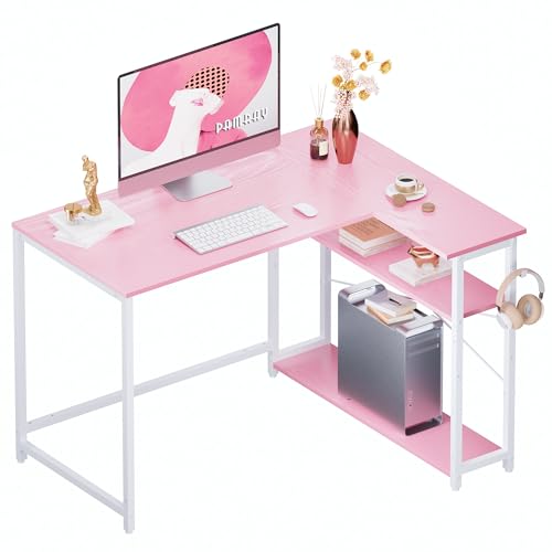 Pamray 43 Inch L Shaped Computer Desk with Reversible Side Storage Shelves, Small Corner Desk for Small Space Home Office,Writing Study Table PC Desk for Bedroom,Pink with White Leg - color: Pink + White Leg, size: 43 Inch
