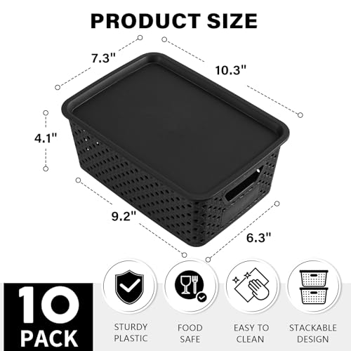 10 Pack Small Plastic Storage Bins with Lids, Stackable Plastic Storage Baskets for Organizing with Handles, Organizer Bins with Labels for Room, Craft, Containers for Pantry Organizers and Storage - color: White&Black