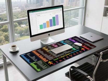 Excel Shortcuts Cheat Sheet Desk Pad Mat– 35.4x15.7 Inches Large Mouse Pad with Non-Slip Rubber Base, Quick Reference Guide for Office & Home - color: Colorful