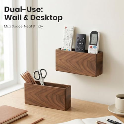 Remote Holder Hole-Free, Self-Adhesive Storage Wooden Box Large | Wall Mounted or Desk Mounted Container for Remote Phone Pencil Stationery Accessories Placement - size: Large