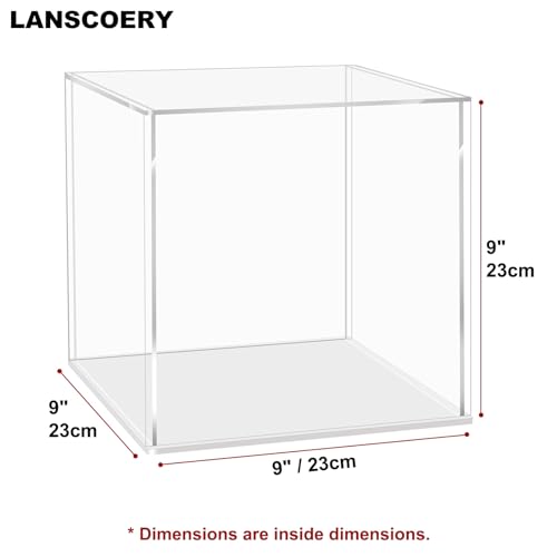 LANSCOERY Acrylic Display Case, 9 x 9 x 9 in Clear Display Box with 2mm Panels, White Base for Building Block Models and Figurines - color: White, size: 9x9x9inch; 23x23x23cm