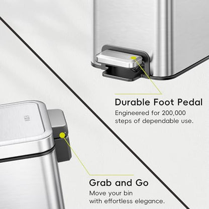 EKO Small Bathroom Trash Can with Lid Soft Close, Step Pedal, 10 Liter / 2.6 Gallon Stainless Steel Garbage Can with Removable Inner Bucket, Anti-Fingerprint Finish (Silver) - color: Stainless Steel, size: 10L