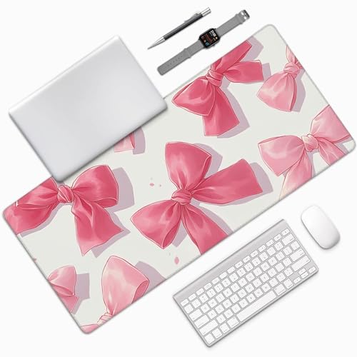 Extended Gaming Mouse Pad, Pink Bow Pattern, 35.4x15.7 Inches, Rubber, Rectangular, Anti-Slip Base, Stitched Edges - color: Bowknot