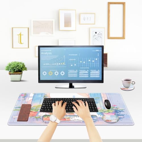 ToLuLu Extended Gaming Mouse Pad, Memory Foam Ergonomic Keyboard Mouse Wrist Rest Support Set, Large Desk Mat with Stitched Edges, Non-Slip Base Mousepad for Home Office and Game, Purple Cute Cat - color: Purple Cute Cat