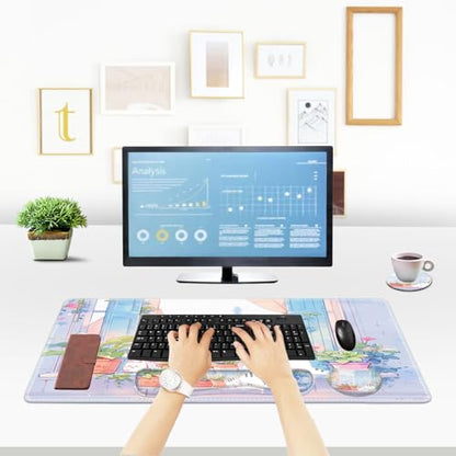 ToLuLu Extended Gaming Mouse Pad, Memory Foam Ergonomic Keyboard Mouse Wrist Rest Support Set, Large Desk Mat with Stitched Edges, Non-Slip Base Mousepad for Home Office and Game, Purple Cute Cat - color: Purple Cute Cat