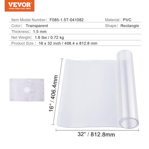 VEVOR Plastic Table Cover, 16 x 32 Inch 1.5 mm Thick Clear Rectangle PVC Desk Mat Protector, Waterproof & Easy Cleaning Desk Pad, for Office, Dresser, Dining Room, Night Stand - size: 32" x 16" (Rectangular)