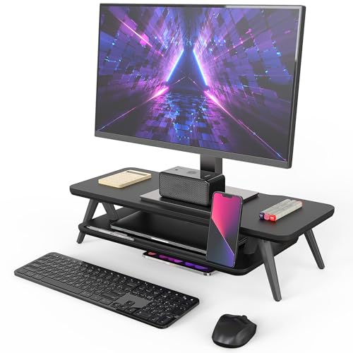 Fenge Monitor Stand, Monitor Stands Riser for Desk, 23.6 Inch Wood Desk Shelf with Storage Organizer and Cable Management for Office Desk Accessories - color: Black, size: 23.6 Inch