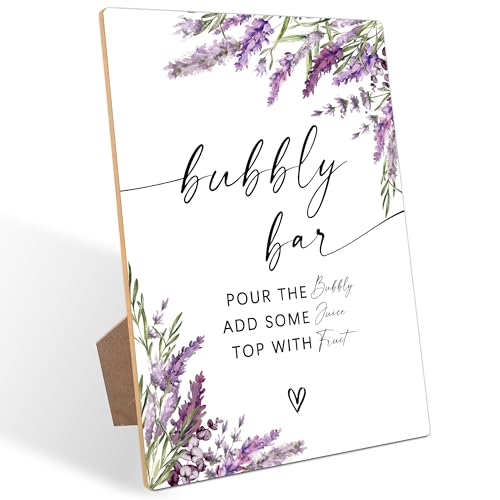 Bubbly Bar Sign, Lavender Bridal Shower Decorations, Wedding Reception Table Decorations, Engagement Party Decor, Purple Floral Wooden Sign with Stand for Wedding Reception And Bridal Party Decor, 21 - color: Bubbly Bar21