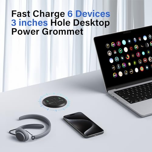 Desktop Power Grommet 3-inch Hole,40W Total Fast Charging Station, 2 PD 20W USB C Port,Flush-Mount Recessed Power Strip, 2 AC Outlets,4 USB Ports,in to The Top of Your Desk,6ft Cord - color: Black