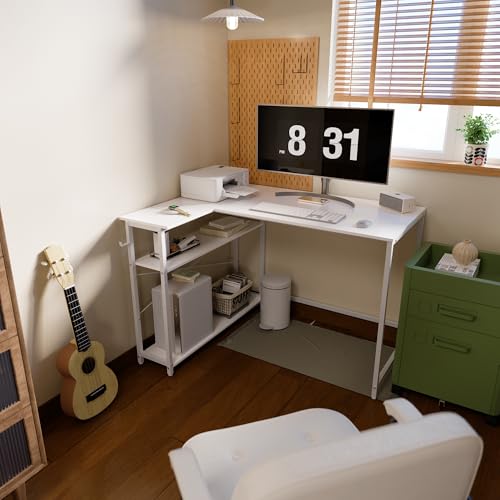Pamray 43 Inch L Shaped Computer Desk with Reversible Side Storage Shelves, Small Corner Desk for Small Space Home Office,Writing Study Table PC Desk for Bedroom,White - color: White, size: 43 Inch