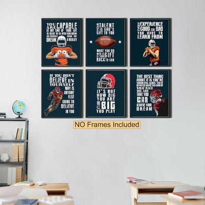 Inspirational Football Wall Art Motivation Posters For Kids Room - Sports Decor Set Of 6 (8x10")