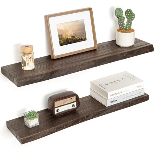 Floating Shelves for Wall Decor, Rustic Solid Elm Wood Live Edge Floating Shelves Wall Mounted, Wall Shelves with Invisible Bracket for Living Room Bathroom Bedroom Kitchen, 32 Inch Set of 2, Walnut - color: Walnut, size: Live Edge, 32inch, 2Packs