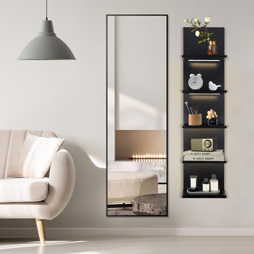 5 Tier Wall Shelf Unit, Black Shelves,Lack Shelf, Wall Shelves for Bedroom，Office,Bathroom, Vanity Shelves with LED Remote Control Light - color: Black