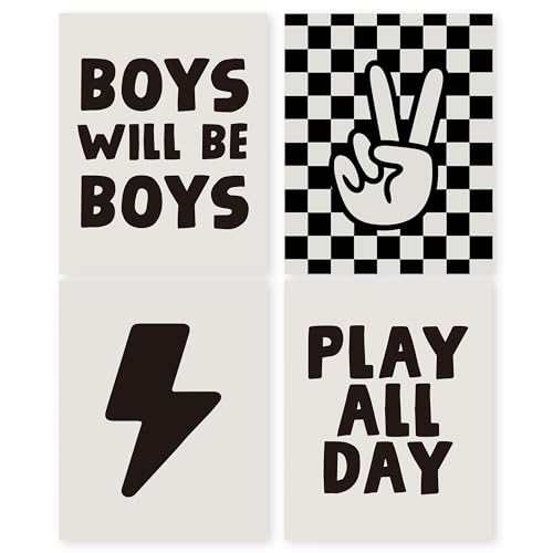 HRQKO Boys Room Wall Art Set of 4, Kids Positive Boys Play All Day Posters Printing Wall Decor, Black Checkered Hand Prints for Nursery Playroom 8”x10” Unframed - color: black1, size: 8x10