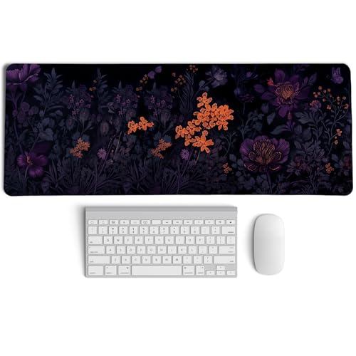 Gothic Purple Butterfly Floral Mouse Pads,Dark Aesthetic Cottagecore Mouse Pad,Mystical Botanical Flower Desk Mat,Purple Botanical Desk Mat for Home Office Dorm Desktop Decor,31.5x11.8 Inch - color: Floral Black XL