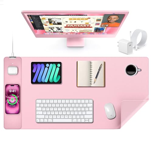 TopMade Mouse Pad with 15W Wireless Charging, XXL Large Leather Desk Mat, Waterproof Gaming Mousepad Home Office Desk Pad Protector, Pink (Includes 20W PD Power Adapter & 6.56ft Woven Cable) - color: Pink With Adapter