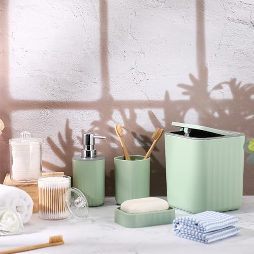 Hosuly 9 Pcs Bathroom Accessory Set Shower Curtain and 12 Hooks Table Trash Can Soap Dispenser Soap Dish Non Slip Bathroom Rugs Cup and Cotton Swab Holder Complete for Bathroom Decor (Sage Green) - size: Sage Green