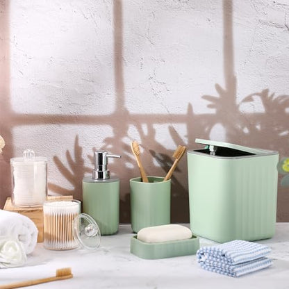 Hosuly 9 Pcs Bathroom Accessory Set Shower Curtain and 12 Hooks Table Trash Can Soap Dispenser Soap Dish Non Slip Bathroom Rugs Cup and Cotton Swab Holder Complete for Bathroom Decor (Sage Green) - size: Sage Green