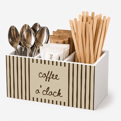 Coffee Lover Gifts Pen Holder for Desk, Coffee Bar Organizer for Countertop, Vintage Brown Striped Wooden Box Storage Organizer for Home Office Cafe Shop Station Counter Table Decoration - color: Brown Striped