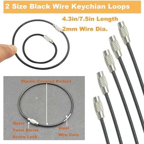 50 Pack Cable Keychains 2mm Coated Steel Wire Loops - 7.5 Inch Key Rings for Hanging Luggage Tags, Keyrings,ID Holders and DIY Crafts,Black(50 Pcs) - color: Black, size: 2mm-7.5in(50Pcs)