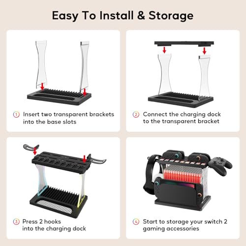 Switch 2 Multifunctional Organizer Station with Joycon 2 Charging Dock | Switch 2 Storage Stand with RGB Light,Pro Controller / Headset Holder,Switch 2 Console Dock with 16 Games Discs
