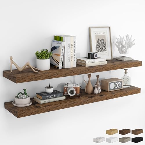 RICHFOCUS 55Inch Floating Shelves for Wall 2 Pack Shelves for Bedroom|Kitchen|Bathroom Wall Mounted Rustic Wood Floating Shelf with Invisible Brackets for Books|Storage|Decor, Rustic Brown - color: Rustic Brown, size: 55.1"L x 8"D, Set of 2