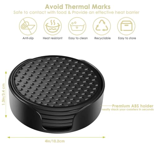 Silicone Coasters 6 Pack with Holder, Drink Coasters Set for Hot & Cold at Bar, Desk, Tabletop-Protection, Round Cup Mat Non-Slip for Any Cups, Thickened Non-Stick Deep Tray Coffee Table Decor,Black