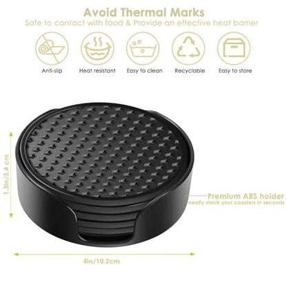 Silicone Coasters 6 Pack with Holder, Drink Coasters Set for Hot & Cold at Bar, Desk, Tabletop-Protection, Round Cup Mat Non-Slip for Any Cups, Thickened Non-Stick Deep Tray Coffee Table Decor,Black