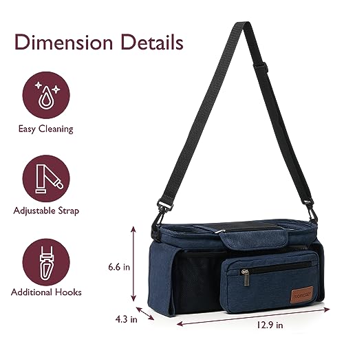 Momcozy Universal Baby Stroller Organizer, 2 Insulated Cup Holder, Detachable Zippered Pocket, Adjustable Shoulder Strap, Large capacity for baby essentials, Compact Design Fits Any Strollers - color: Blue