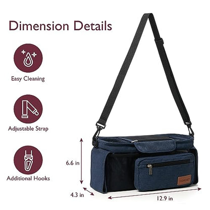 Momcozy Universal Baby Stroller Organizer, 2 Insulated Cup Holder, Detachable Zippered Pocket, Adjustable Shoulder Strap, Large capacity for baby essentials, Compact Design Fits Any Strollers - color: Blue