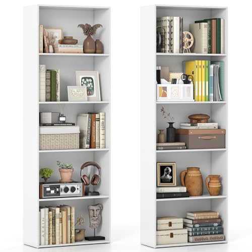 Giantex 5-Tier Bookshelves Set of 2, Freestanding Tall Bookcase with 5 Open Compartments, Modern Storage Organizer, Display Shelving Unit for Living Room, Bedroom, White - color: White, size: 23" x 9.5" x 67.5" (2 Pack)