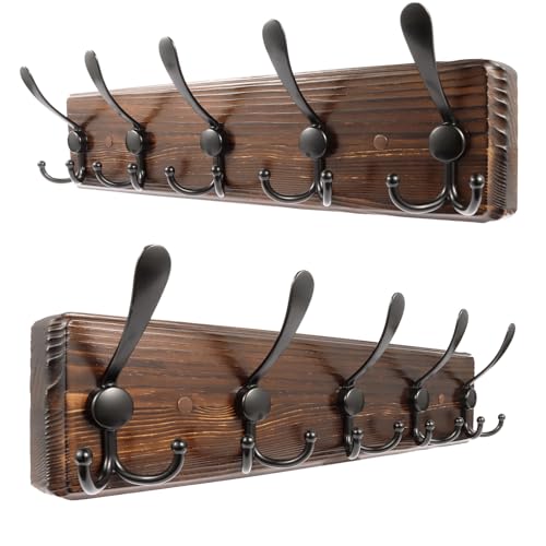 2 Pack Coat Rack Wall Mount 16.8'' Rustic Hat Rack with 5 Triple Hooks Coat Hooks Wall Mount Farmhouse Wall Hooks for Hanging Coat, Bags, Towels - color: Brown Plate & Black Hook, size: 2 Item-5 Hooks