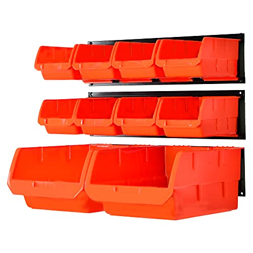 Wallmaster Wall Mounted Storage Bins, Wall Storage Bins Parts Rack 10 Bins&3 Rails Wall Mount Tool Organizer Hardware Storage Organizer (Orange) - color: Orange, size: 10Bins+3Rails