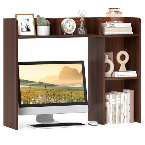 Giantex Desktop Bookshelf, Wood Desk Hutch Organizer for 27 Inch Computer Monitor, Countertop Storage Display Rack with 5 Shelves, Multipurpose Desktop Shelf Bookcase for Dorm Office Home, Walnut - color: Walnut, size: 5 Shelves (29"H)