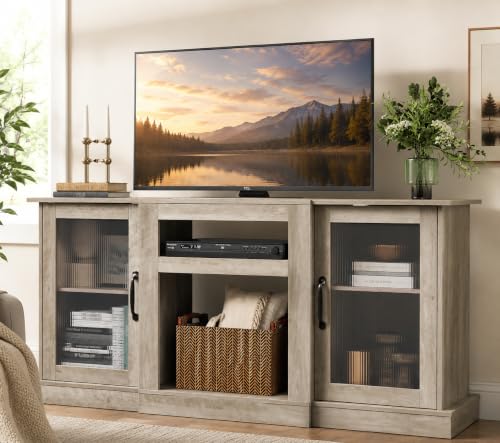 WLIVE 58" Farmhouse TV Stand for 65 Inch TV, Tall Entertainment Center with Storage Cabinets & Adjustable Shelves, Modern Media Console Table with Acrylic Doors for Living Room Bedroom, Greige - color: Greige, size: 58'' Farmhouse TV Stand