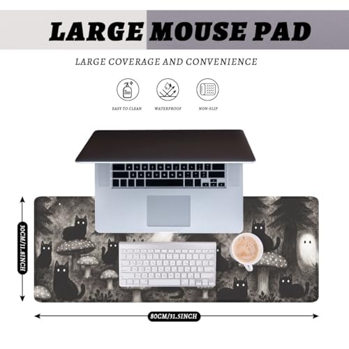 Black Cat Gaming Mouse Pad Ghost Forest Large Desk Mat Waterproof Stitched Edges Rubber Base Non-Slip Deskmap Computer Keyboard Mat Office Computer Keyboard Laptop 31.5"x11.8" - color: Black Cat