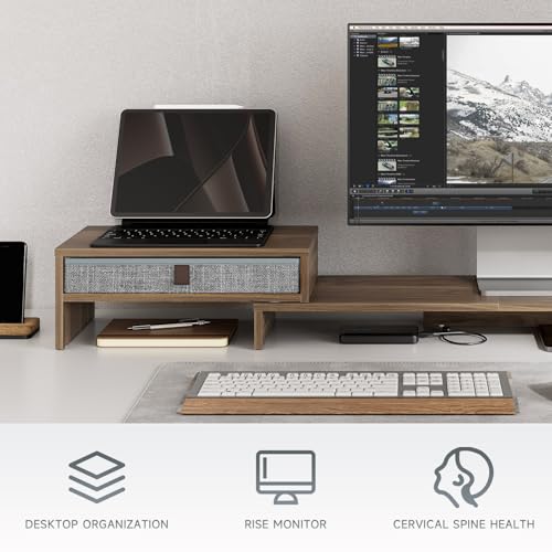 Fenge Computer Monitor Riser Stand with Drawer for 2 or 3 Monitors ,Adjustable Length and Angle Desktop Laptop Stand,Office Organizer,Printer - color: Brown