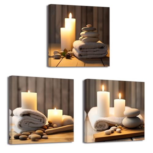 LZIMU Zen Canvas Wall Art 3 Panels Stone Candle and Bath Towel Picture Prints for SPA Meditation Room Bathroom Decor Framed (Zen-1, 12"x12"x3P) - size: 12"x12"x3P