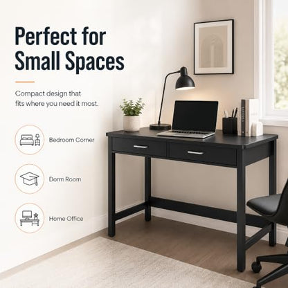4NM 39.4" Small Desk with Wood Drawers, Home Office Computer Desk with Wooden Legs, Study Writing Table Vanity Desk for Small Spaces - Black - color: Black