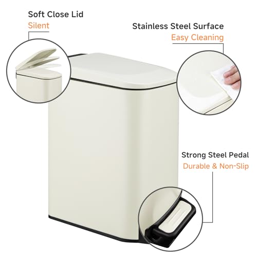 TIPGO Slim Bathroom Trash Can with Lid Soft Close, 6 Liter / 1.6 Gallon Stainless Steel Garbage with Removable Inner Bucket, Small Trash Bins for Bedroom, Office (Cream) - color: Cream