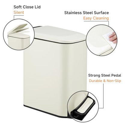 TIPGO Slim Bathroom Trash Can with Lid Soft Close, 6 Liter / 1.6 Gallon Stainless Steel Garbage with Removable Inner Bucket, Small Trash Bins for Bedroom, Office (Cream) - color: Cream
