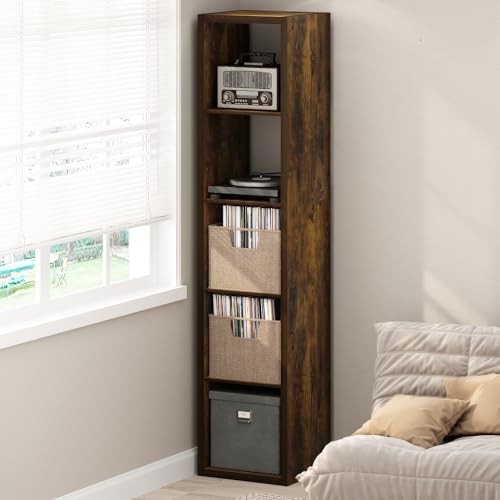 Furinno Cubicle Record Player Stand with Vinyl Storage, 5-Cube 1.2 Extra Thick Vinyl Record Storage, Open Back Media Shelf for CD DVD Blueray Game Disc, for Living Room, Home Office, Amber Pine - color: Amber Pine, size: Extra Thick, 5-Cube Vertical