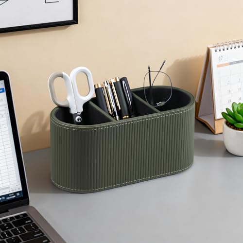 Aesthetic Remote Control Holder, PU Leather Remote Holder Desktop Organizers with 3 Compartments for Home Office Supplies and Accessories, Stylish Bedside Nightstand Organizer (Green) - color: Green